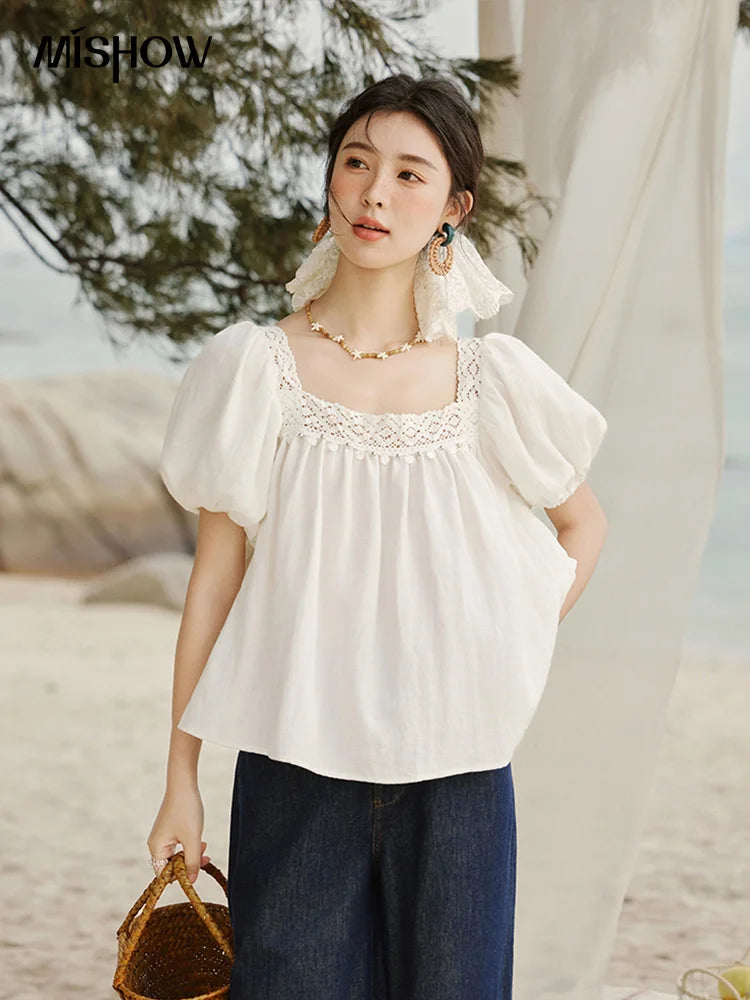 MISHOW French New Shirts Women Summer 2025 Short Puff Sleeve Square Collar Solid Splicing Lace Blouses Female Holiday MXE32X1780