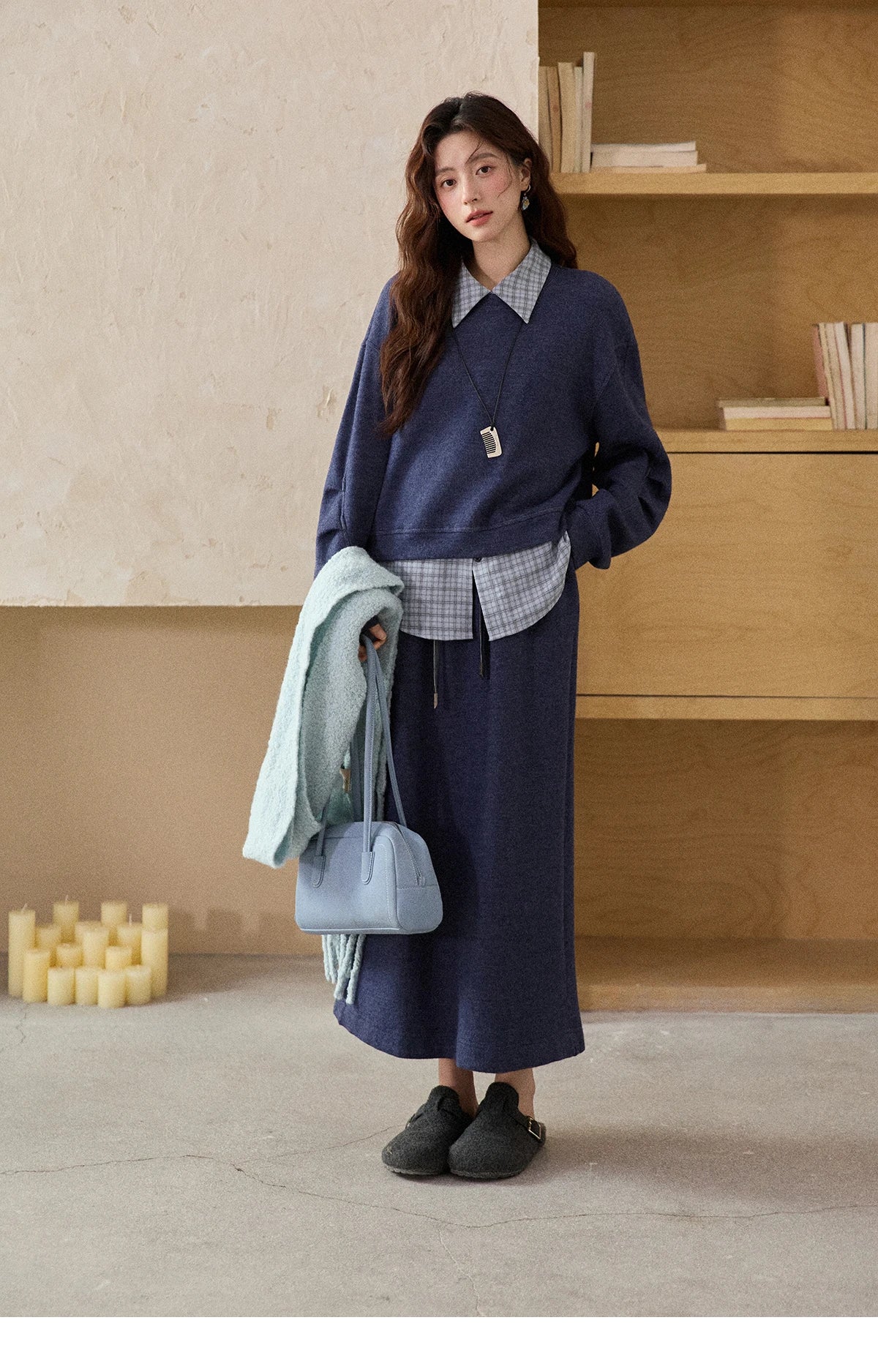 MISHOW Blue Plaid Sweatshirt Suit Women's 2025 Winter Fashion Turn-down Collar Knitted Top Straight Skirt Woman Sets MXE87T1445