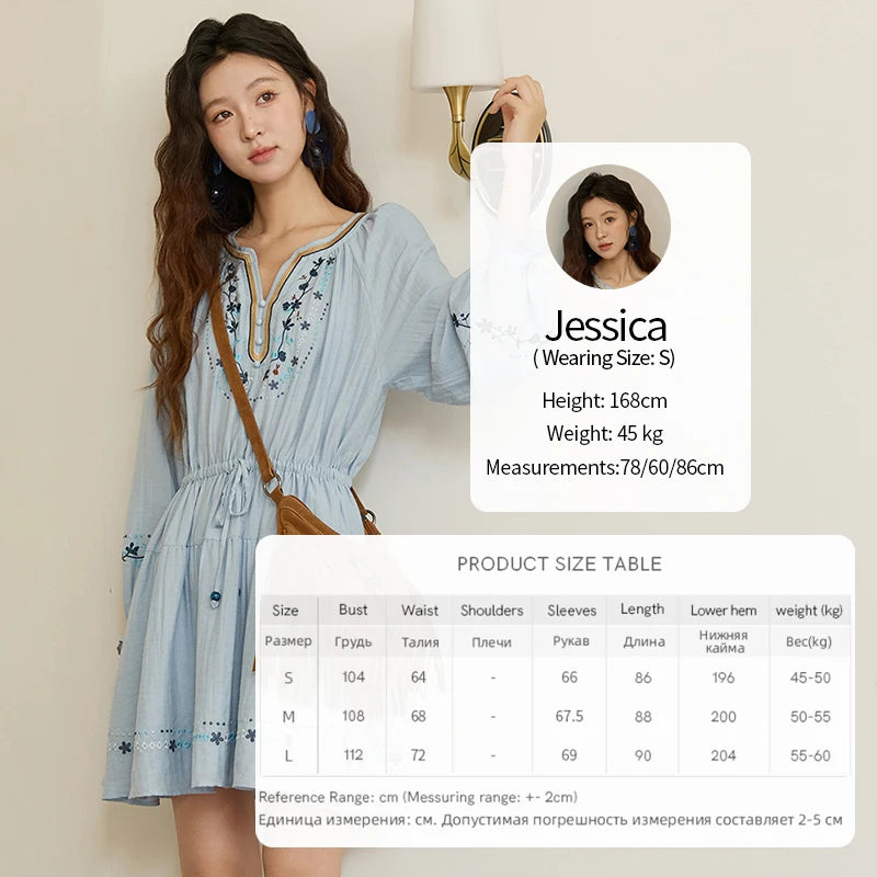 MISHOW Woman Long Sleeve Dress Autumn Elegant V-neck Embroidered Drawstring Waist Dress A-line Bohemian Midi Dresses MXE44L2489