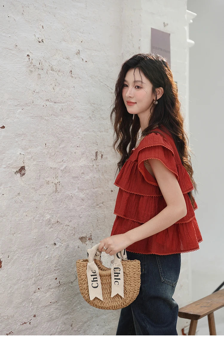 MISHOW Women's French Square Collar Blouses 2024 Summer Retro Red Ruffle Lace Cake Top Puff Sleeve Solid Sweet Blouse MXD30X1488