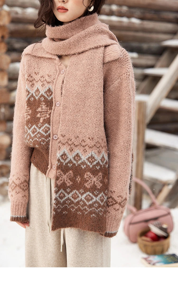 MISHOW Fair Isle Knitting Sweater Christmas Retro Cardigan Women Temperament Turn Down Collar Soft Warm Knitted Coat MXD58Z1036