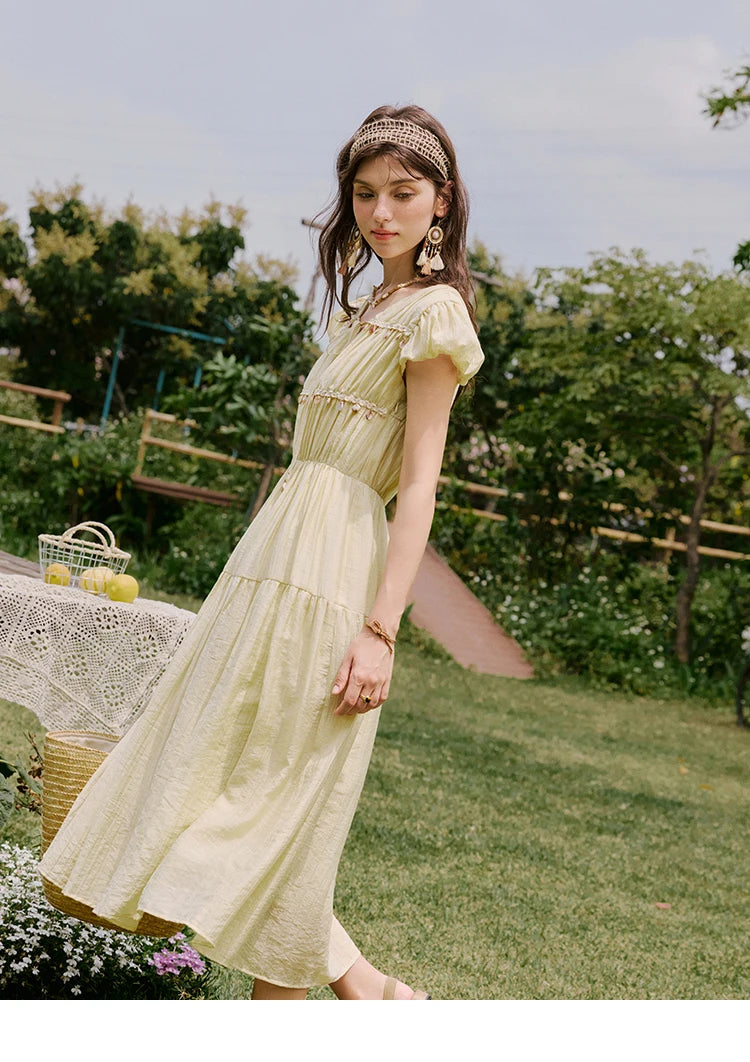 MISHOW Holiday Summer Dresses Women 2025 Solid V-neck Short Puff Sleeve Shell Ribbon High Waist Dress Woman Fashion MXE33L2193