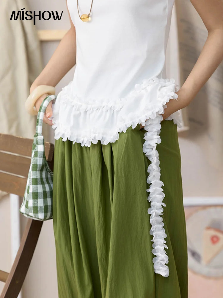 MISHOW White Ruffled T-shirt for Women Summer 2025 Round Neck Loose Slim Cotton Casual Tees with Red Lanyard Necklace MXE34T0557