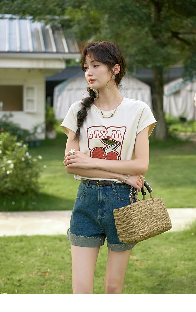 MISHOW Denim Shorts Cotton Elastic for Women 2024 Summer Korean High Waist Curled Edge Pants Casual Slim Short Pants MXD30K0659