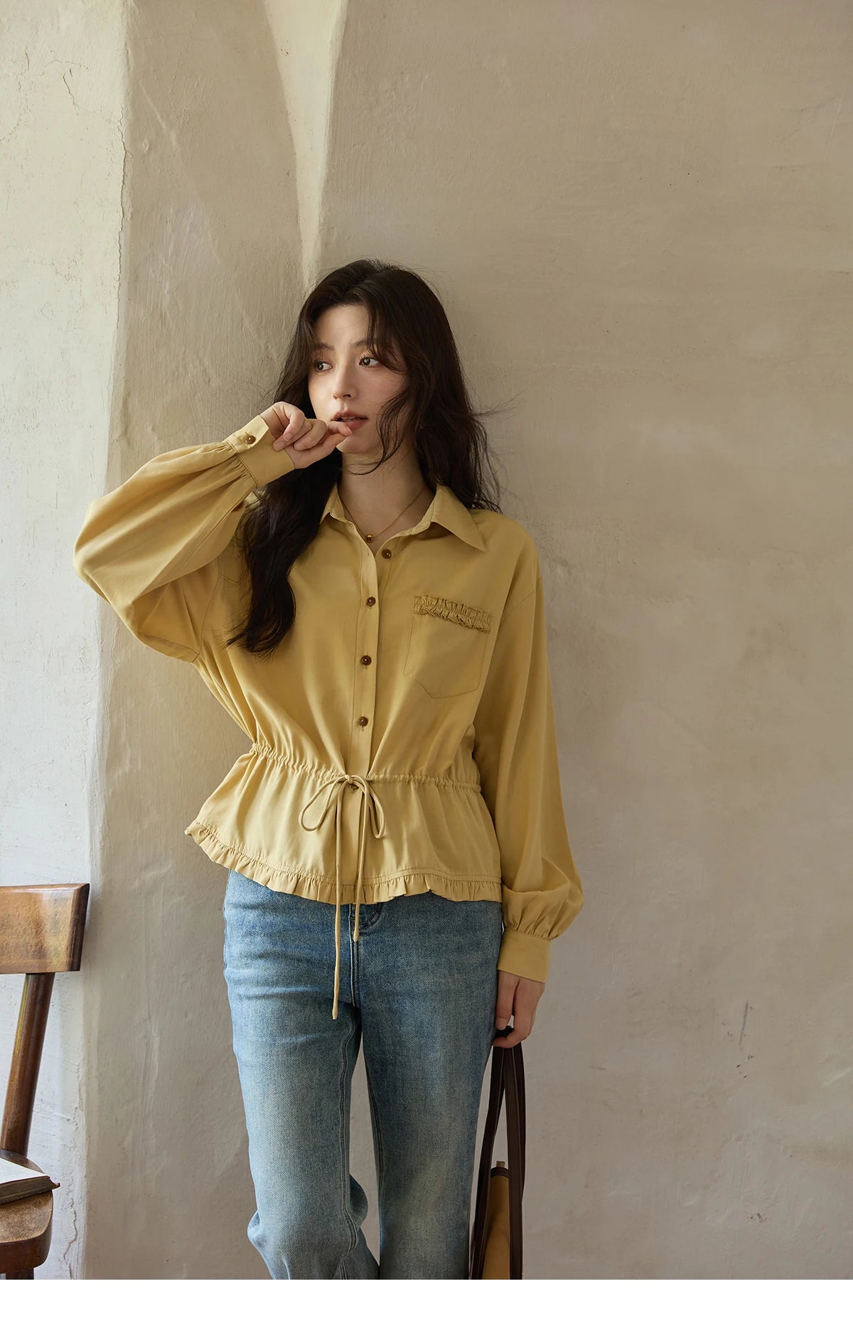 MISHOW Autumn French Drawstring Waist Shirt 2025 Yellow Hem Lotus Leaf Top Female Lapel Lantern Sleeve Commuter Shirt MXE42C2368