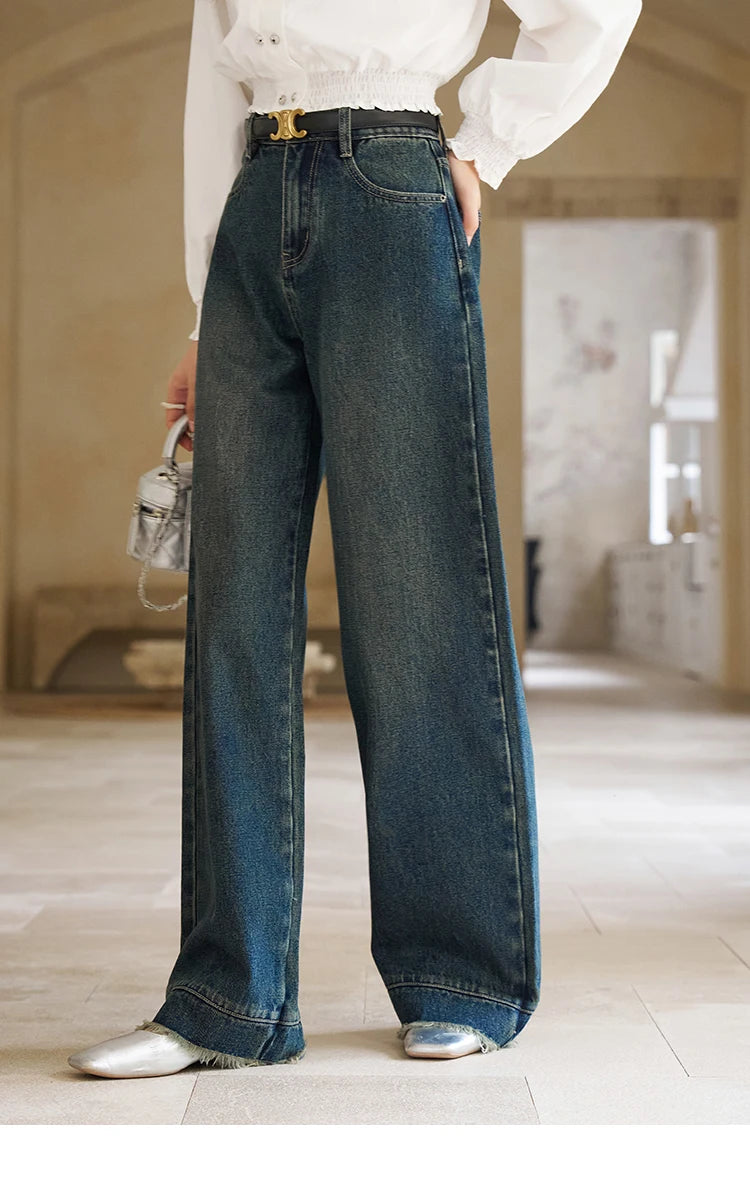 MISHOW American Retro Wide Leg Jeans Spring High Waist Slim Cotton Elastic Denim Straight Trouser Hem Tassels Pants MXD12K0538