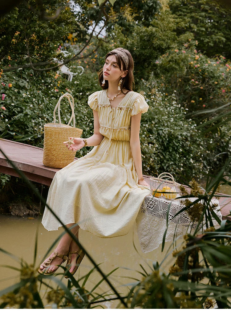 MISHOW Holiday Summer Dresses Women 2025 Solid V-neck Short Puff Sleeve Shell Ribbon High Waist Dress Woman Fashion MXE33L2193