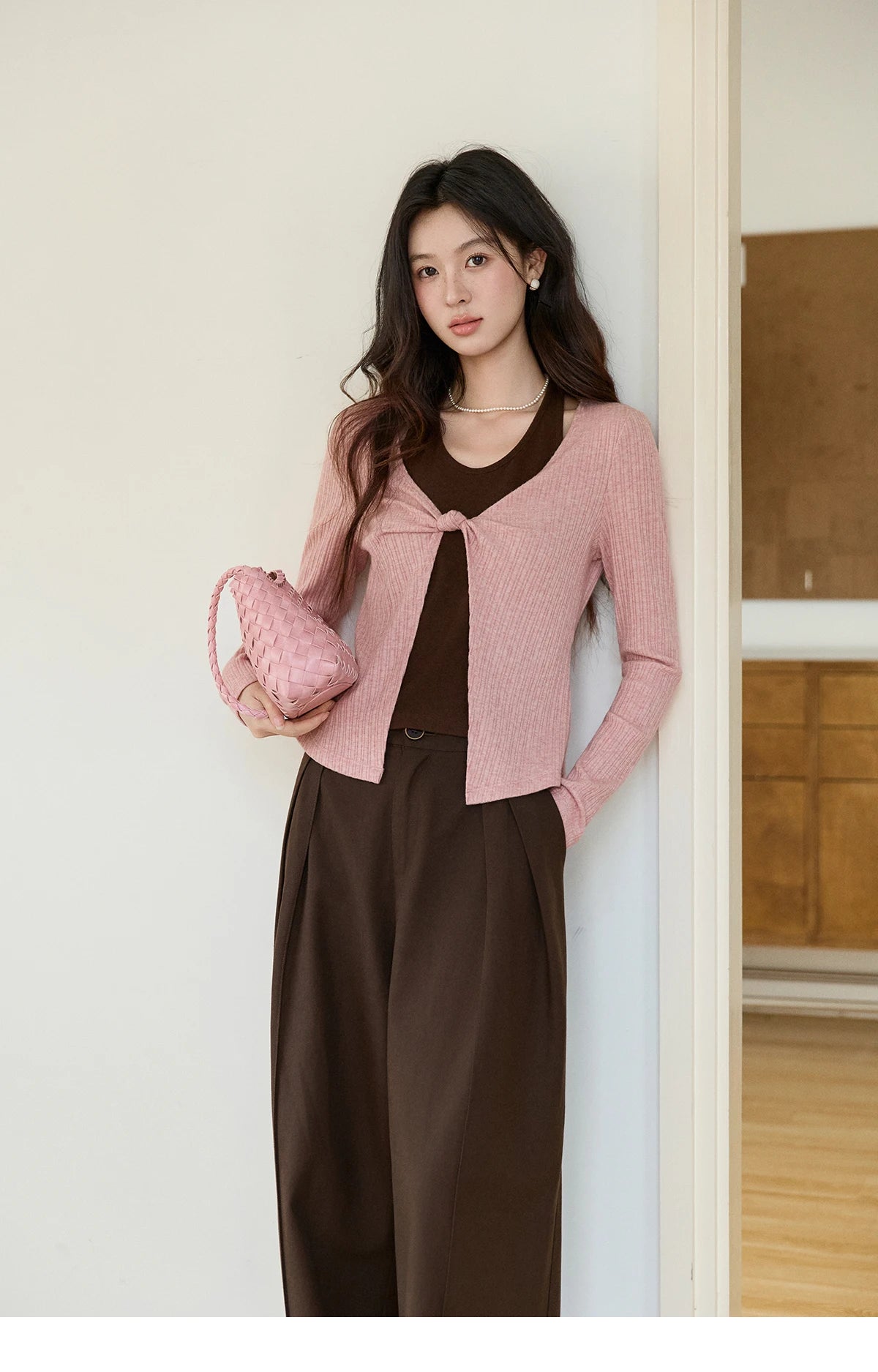 MISHOW Women's Dark Brown Wide Leg Pants 2026 Spring High Waist Pleated Pants Back Elastic Waist Casual Trousers MXF108K1010