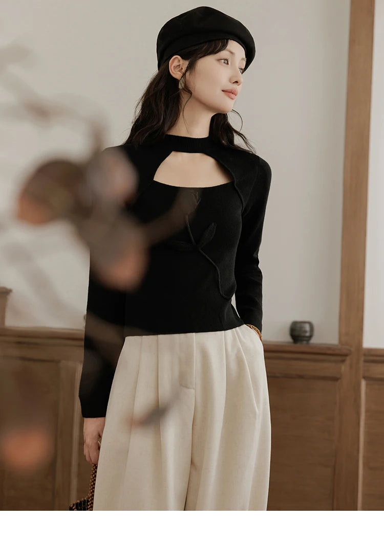 MISHOW Women’s Black Tulip Knitted Sweater French Vintage Hollow Out Sweaters Mock Neck 2024 Fall Elegant Slim Top MXD42Z0731