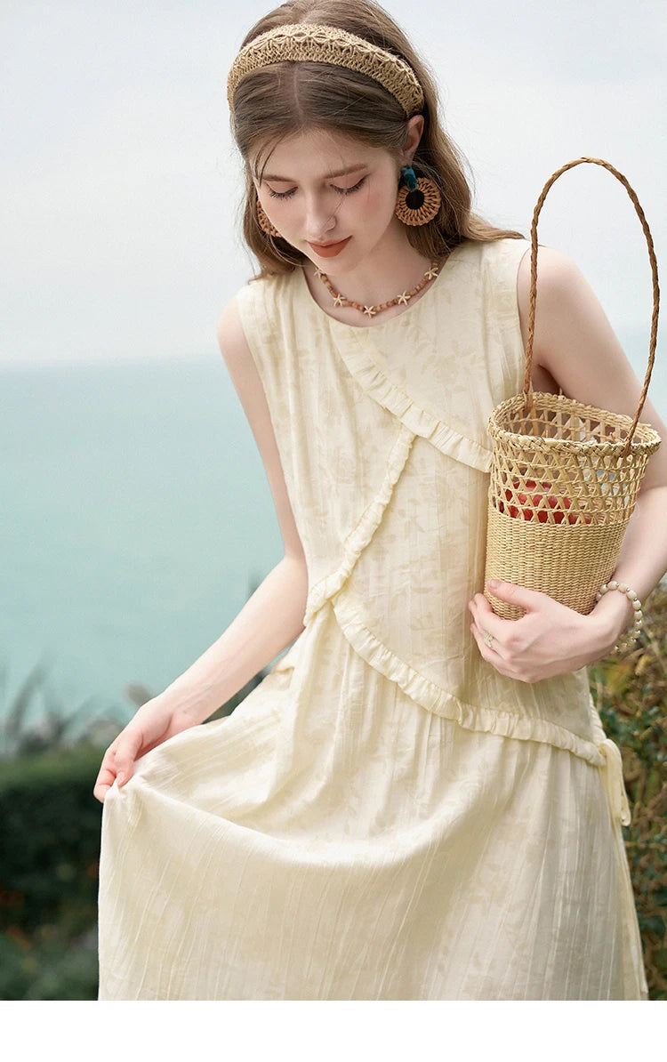 MISHOW French Sleeveless Suspender Dress for Women Summer Round Neck Auricularia Auricula Edge Lace-up Vest Dresses MXD26L1821