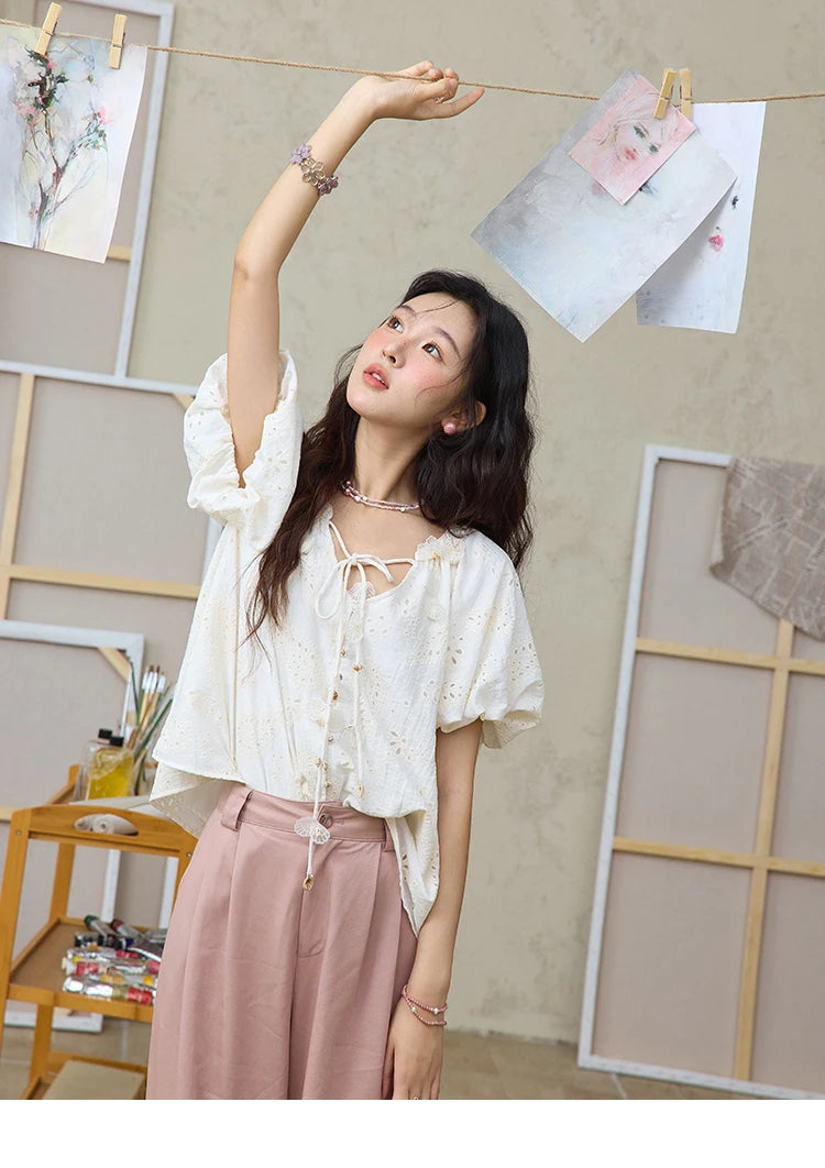 MISHOW Fashion Embroidery Jacquard Design Short Sleeve Shirt for Women 2025 Summer New V-neck Lace Up Retro Loose Top MXE35X1790