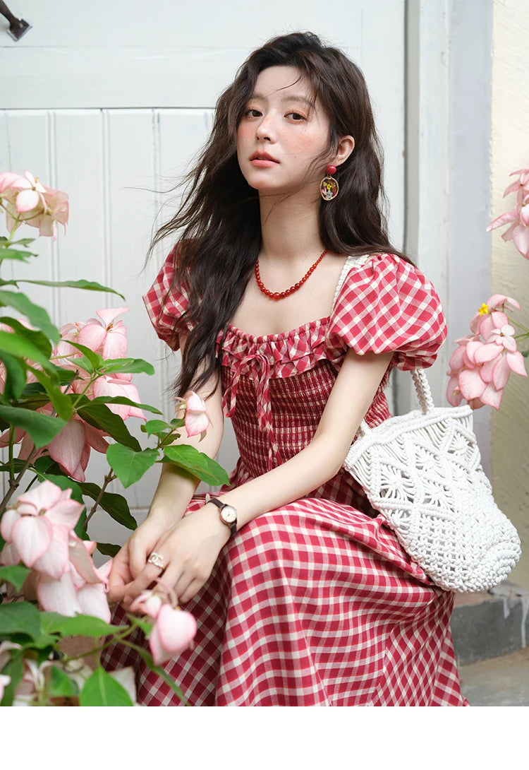 MISHOW Women's Retro Red Plaid Dress 2025 Summer New Square Neck Lace Up Hollow Out Spliced Dresses Women's Clothing MXE39L2324