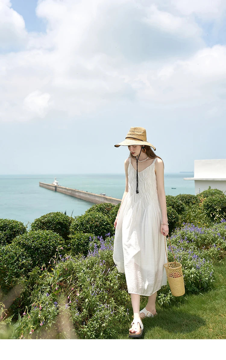 MISHOW French Retro Pleated Upper Suspender Dress for Women 2024 Summer Vacation Sleeveless Solid Mid Length Dresses MXD26L1939