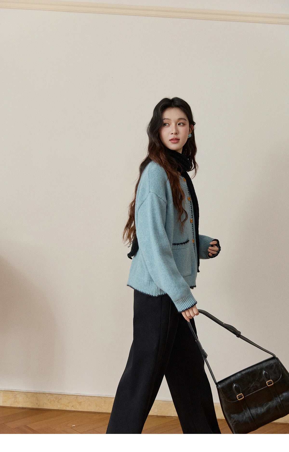 MISHOW Women's Yellow Knitted Cardigan 2025 Autumn Winter Color Collision Edge Sweater Pockets Loose Warm Casual Tops MXE94Z2973