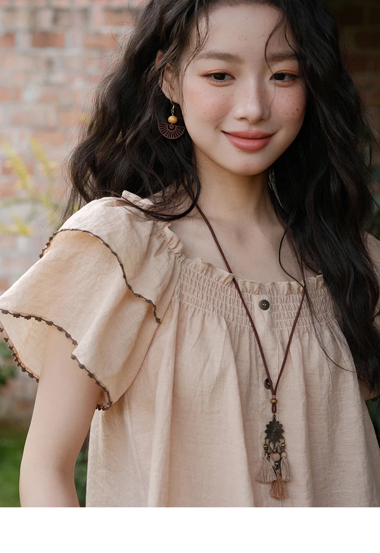 MISHOW Women's Fashion Butterfly Sleeve Blouse Summer 2025 New Loose Casual Square Neck Button Top Women's Clothing MXE37X1854