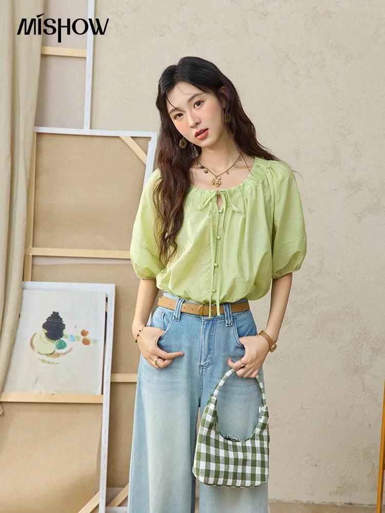 MISHOW Women's Round Neck Blouse 2025 Summer New Fashion Lace Up Puff Sleeve Casual Chiffon Top Ladies Clothing MXE36X1875