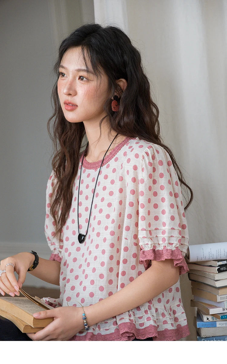 MISHOW Women's Blouse Fashion Pink Polka Dot Short Top 2025 Summer Sweet Puff Sleeve Blouse Casual Female Clothing MXE37X1900