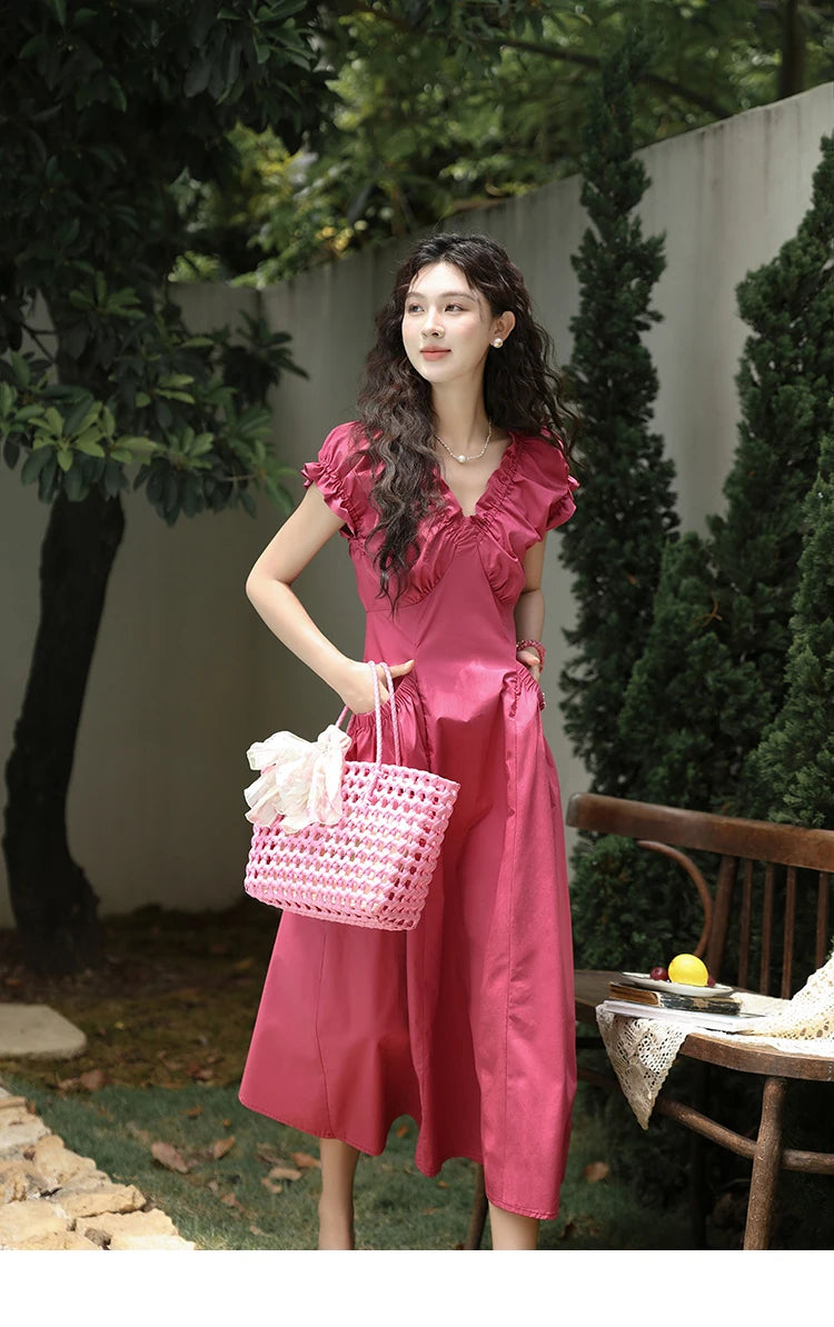 MISHOW Women's 100 Cotton Stringy Selvedge V-Neck Waist Dress 2024 Summer French Symmetric Pocket Mid Length Dresses MXD29L1934