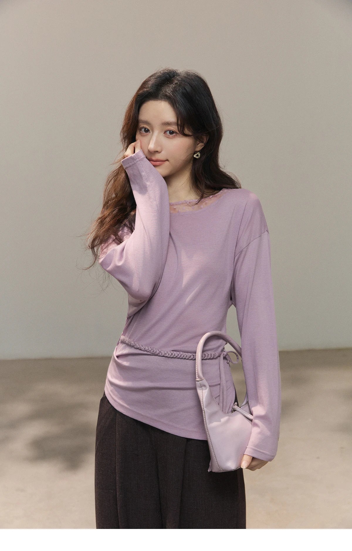 MISHOW Women's Mesh Wool Lace Polka Dot Splicing Tops 2026 Spring Boat Neck Slim Belt Twist Casual Solid T-Shirts MXF13Z3001