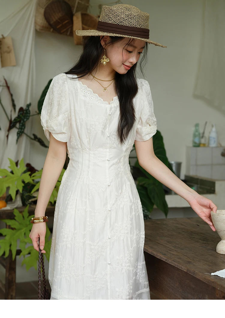Mishow V-Neck Lace Embroidery Puff Sleeve Dress MXE39L2432