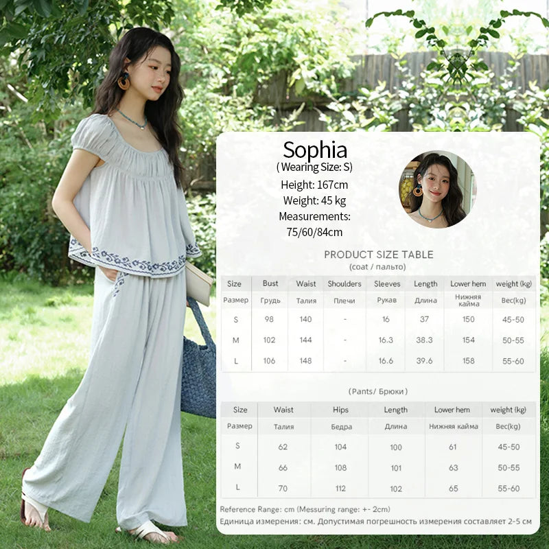 MISHOW Women's Two Piece Set 2025 Summer New Embroidery Flower Round Neck Blouse Fashion Pocket Wide Leg Pants Set MXE39T0669