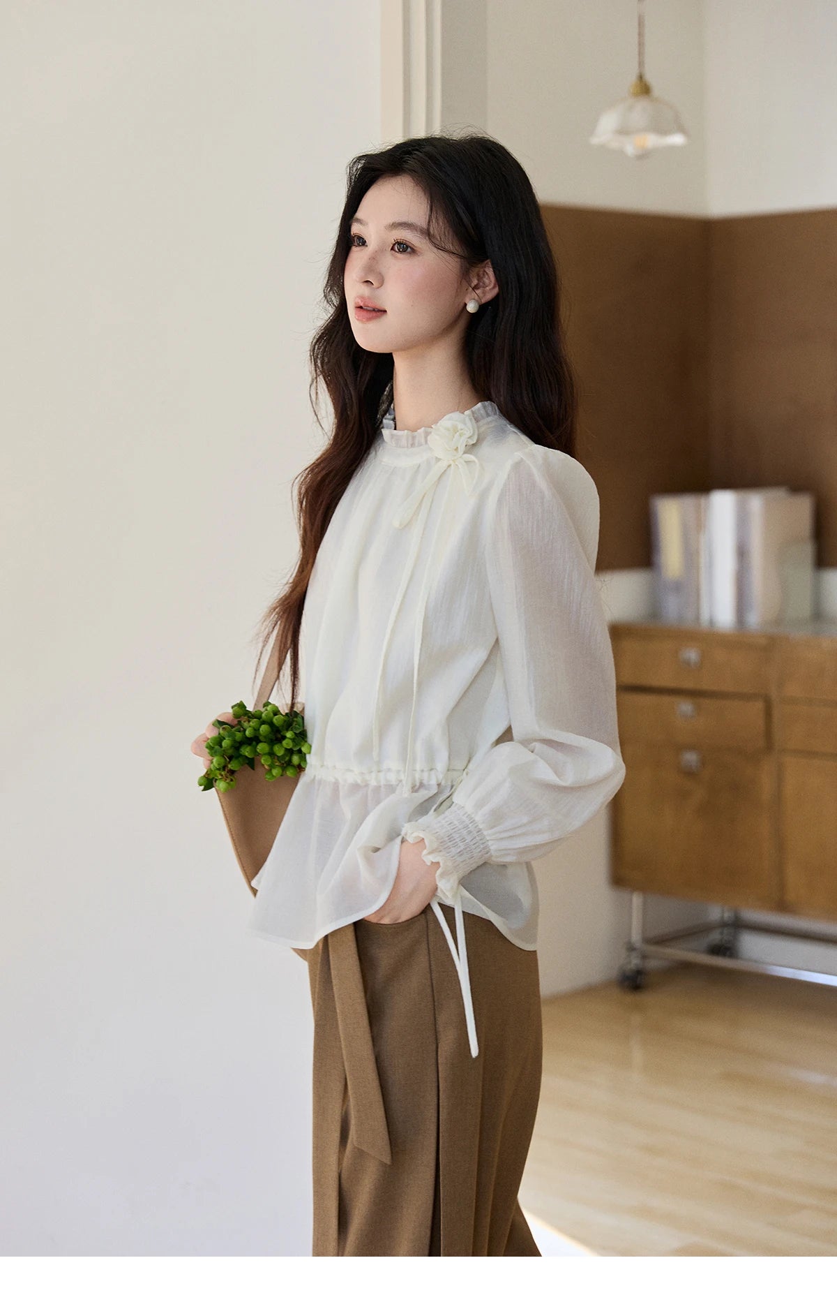 MISHOW Women's Ruffled Stand Collar Blouse 2026 Spring Flower Decor Apricot Blouses Drawstring Waist Puff Sleeve Top MXF11C2428