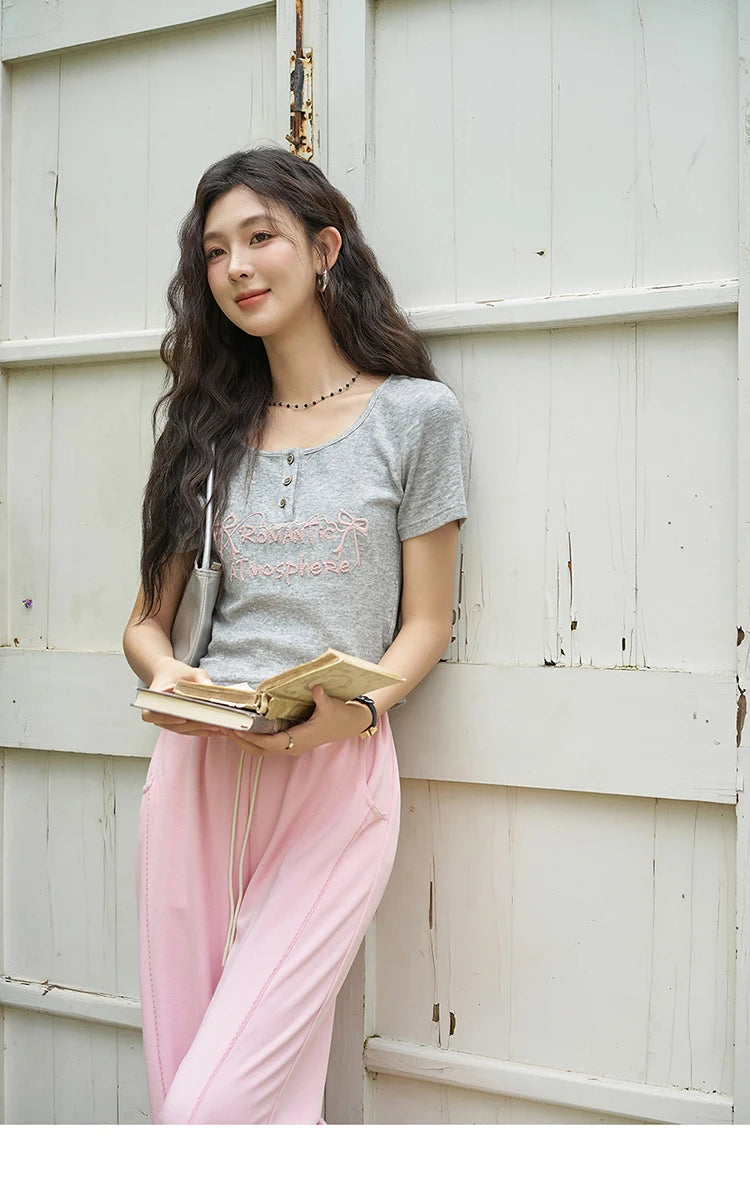 MISHOW Waffle Texture Fabric Loose Versatile Pants Summer Pocket Embroidered Elastic Waist Drawstring Casual Trouser MXD14K0608