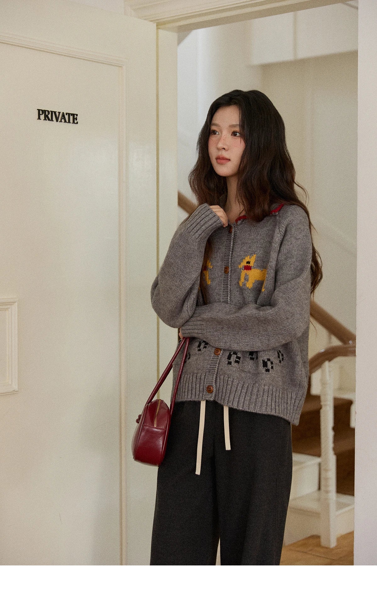 MISHOW Dog Cartoon Jacquard Knitted Cardigan for Women 2025 Loose Retro Turn-down Collar Casual Women's Sweaters MXE86Z2727