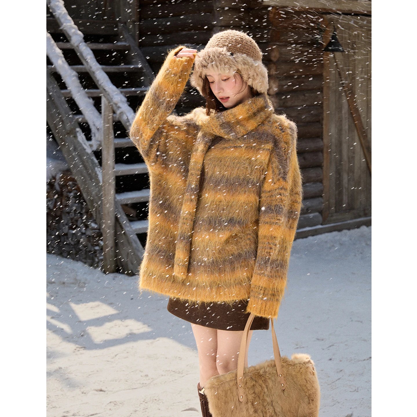 MISHOW Retro Yellow Gradient Blurred Striped Sweater with Scarf Winter 2025 Brushed Wool Blend Soft Warm Sweater MXE91Z2842