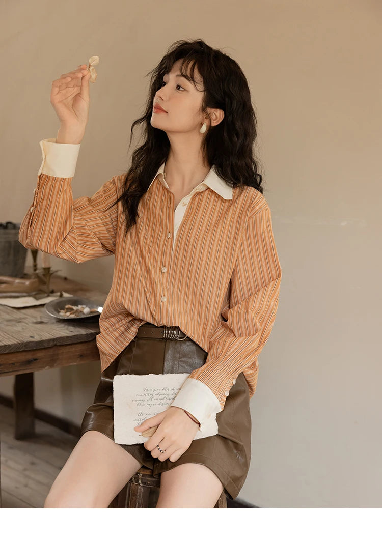 MISHOW Loose Striped Shirt for Women Autumn 2025 Contrasting Lapel Top Single Breasted Patchwork Shirts Office Lady MXD41C0286
