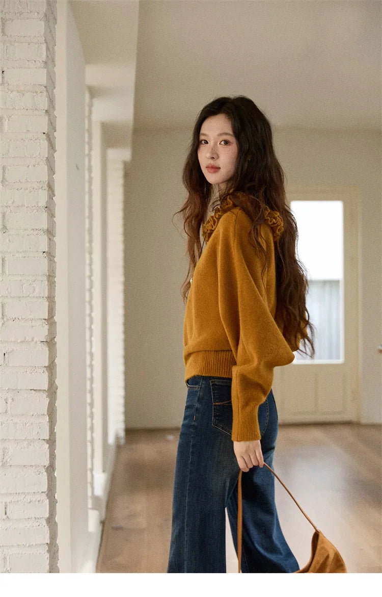 MISHOW Pullovers Women 2025 French Style Orange Lotus Edge Crew Neck Lantern Sleeves Top Slim Luxury Women's Sweaters MXE86Z2726