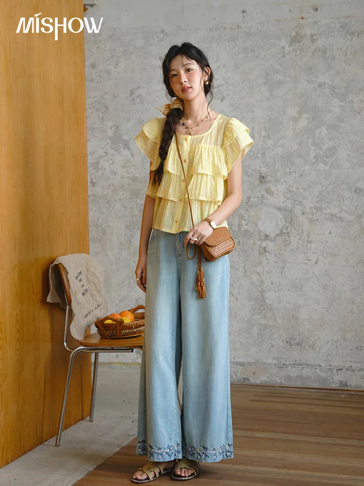Mishow Flower Embroidery High Waist Wide Leg Jeans MXE37K0991