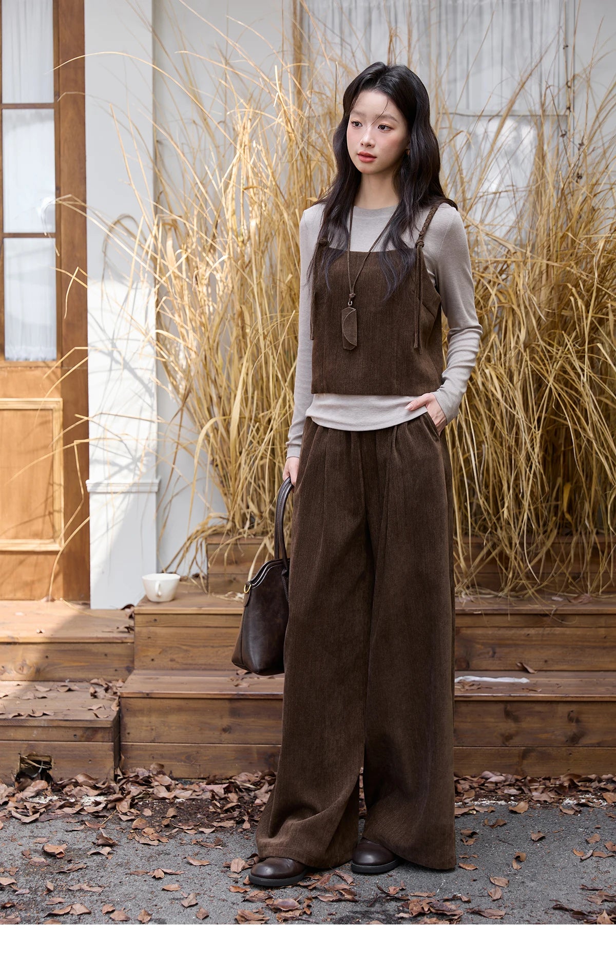 MISHOW Three-piece Suit Women 2025 Retro Brown Vest Wide-leg Pants Gray Long Sleeves Tops Autumn Women's Pants Set MXE49T1422