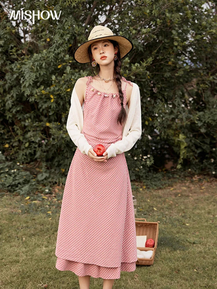 MISHOW Red Plaid Summer Camisole Dress Women New 2025 Sleeveless Elastic Waist Retro Dresses Woman Sweat Fashion MXE32L2198