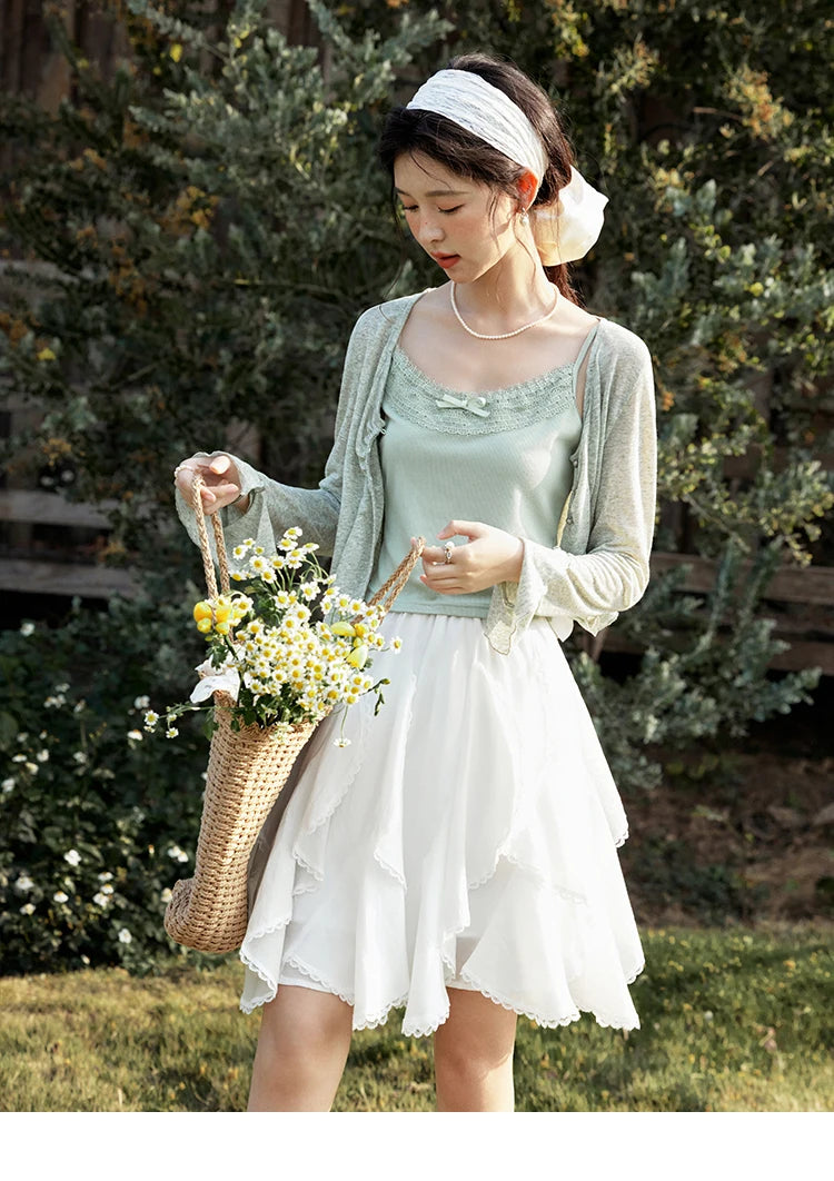 MISHOW Light Green Camisole Knit Cardigan Two-piece Set Spring Summer 2025 Lace Bow Camisole V-neck Cardigan Sets MXE15T0504