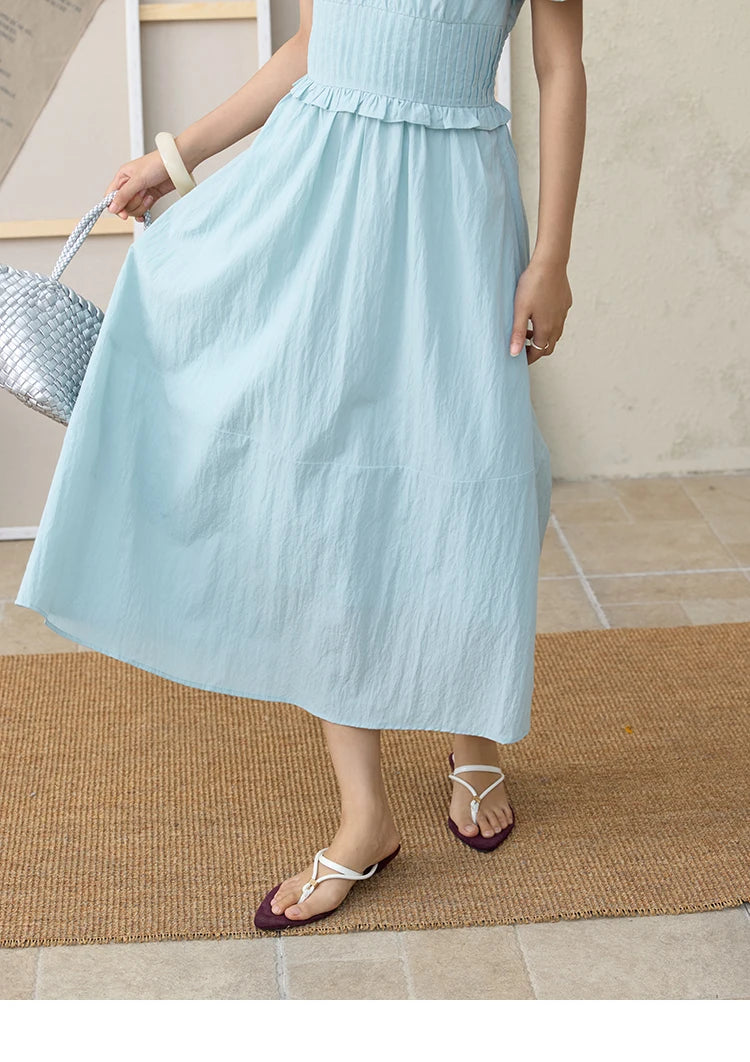 MISHOW French Summer Dresses Women 2025 New Short Puff Sleeve V-neck Solid Cotton Blended Dress Female Slimming MXE34L2288