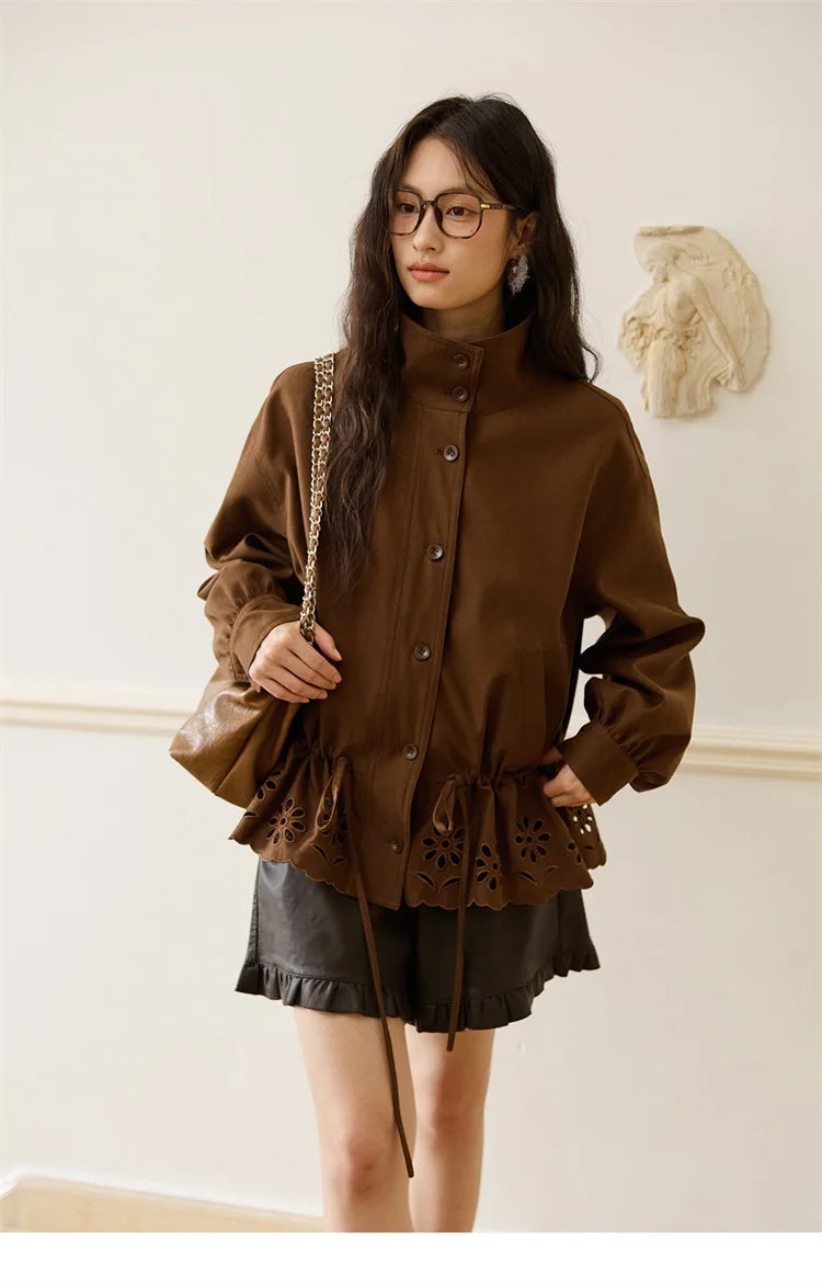 MISHOW Hollow Embroidered Trench for Women Autumn 2025 Drawstring Waist Coffee Jacket Lapel Single Breasted Coat MXE48W0855