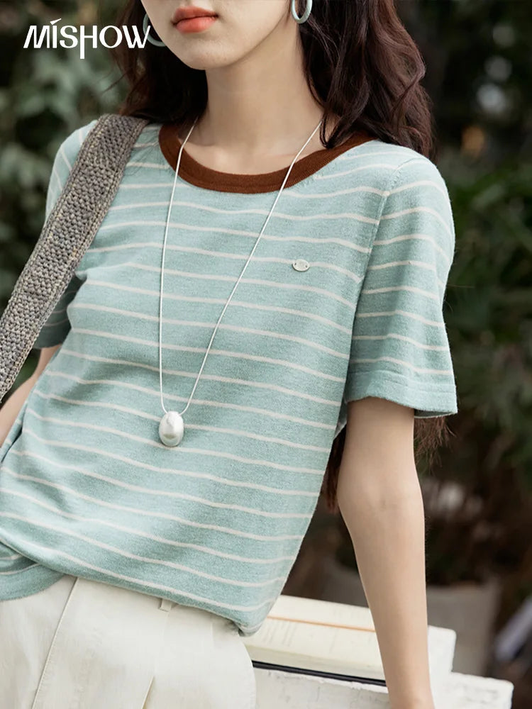 MISHOW Striped Knitted T-shirt for Women Summer 2025 Color Contrasting Round Neck Tees Wool Blended Slim Casual Top MXE35Z1270