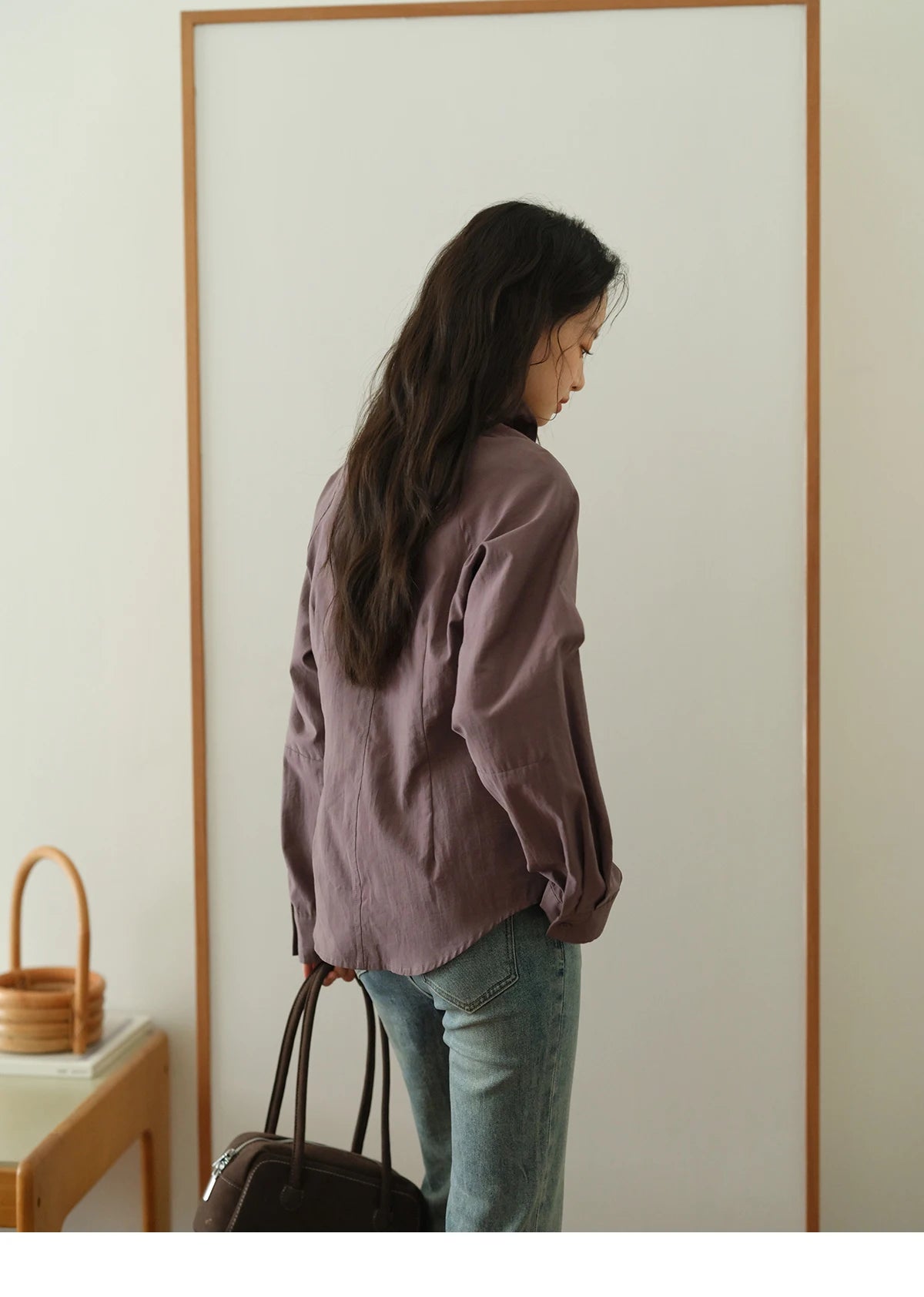 MISHOW Ash Purple Shirt Curved Hem Ribbon Neck Slim MXE42C2383