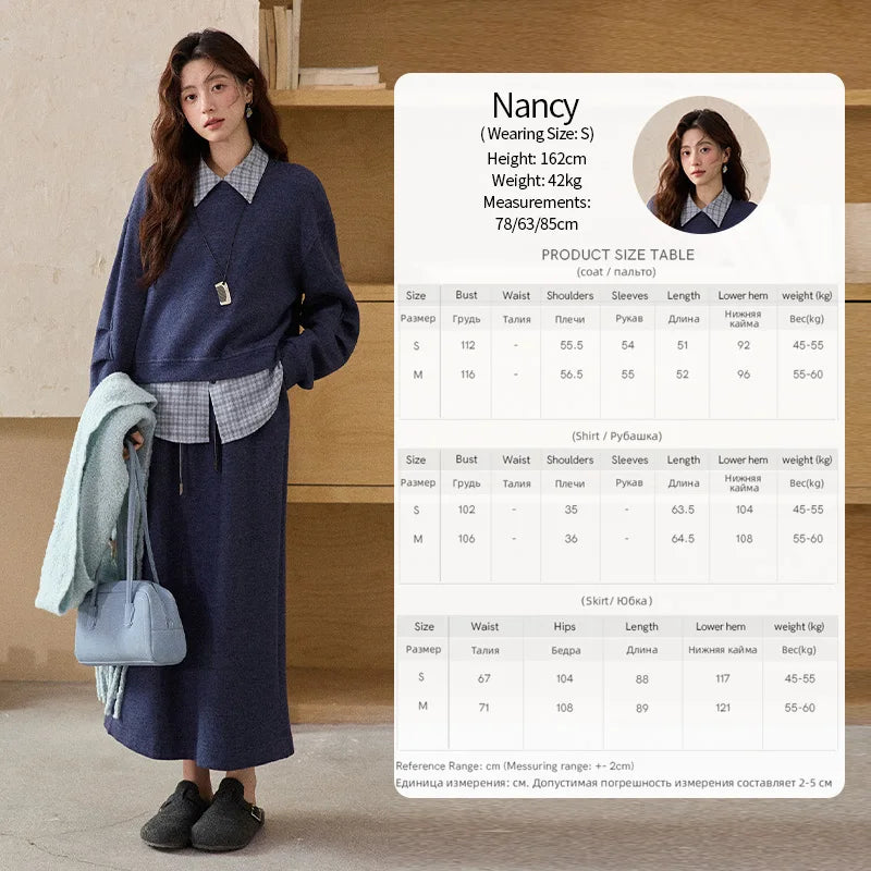 MISHOW Blue Plaid Sweatshirt Suit Women's 2025 Winter Fashion Turn-down Collar Knitted Top Straight Skirt Woman Sets MXE87T1445