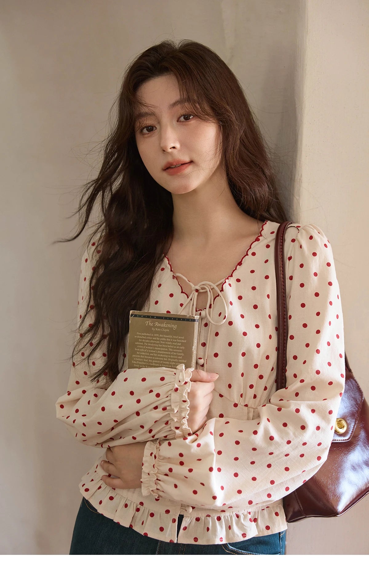 MISHOW Apricot Bottom Red Polka Dot Shirt for Women Autumn 2025 Korean Ruffled Edges Shirts V-neck Lace-up Sweet Top MXE42X1971
