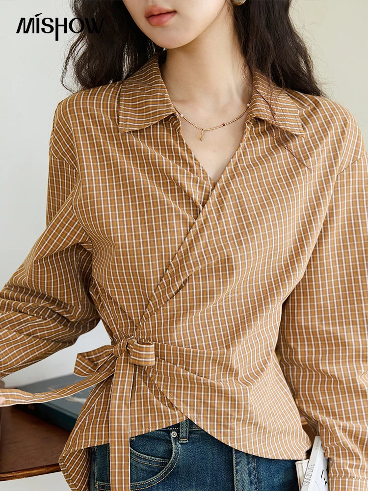 MISHOW Women's 100 Cotton Dark Orange Plaid Shirt  Autumn Design Side Waist Lace-up Long Sleeved Shirts Office Lady MXE46X2494