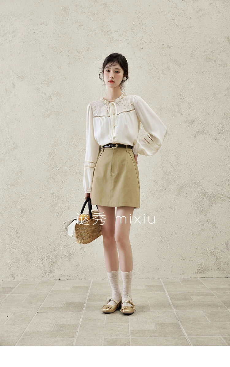 MISHOW Khaki A-line Short Skirt Spring 2025 100Cotton High Waist Versatile Skirt Zipper Pockets Skirt (Not with Belt) MXE15B0696