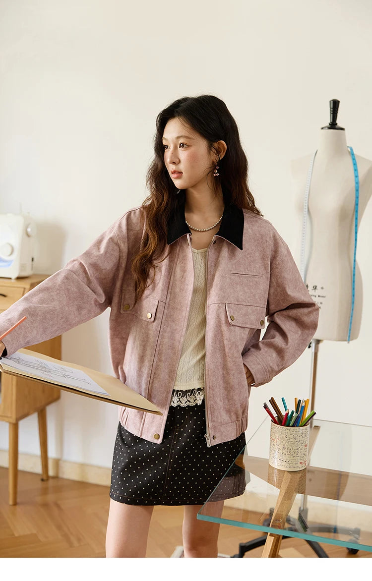 MISHOW Pink Purple Collision Black Lapel Jacket for Women Autumn Suede Metal Zipper Top Retro Loose Elastic Hem Coats MXE46W0865