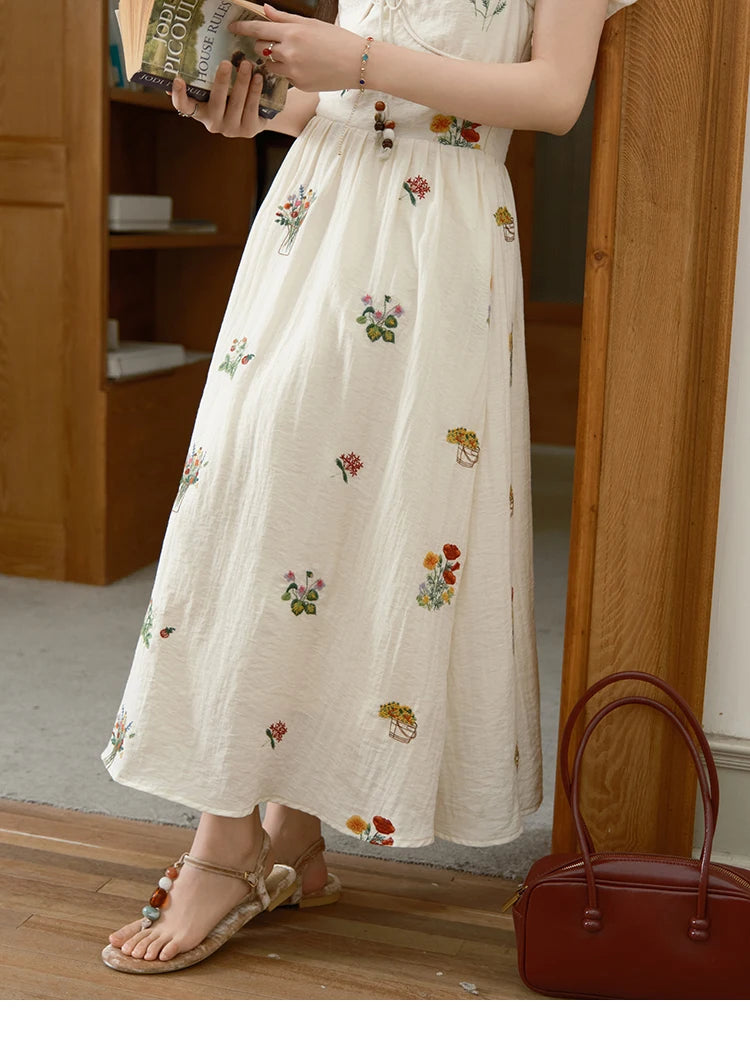 MISHOW Fashion Flower Embroidery Dress for Women Summer 2025 New Square Neck Lace Up Puff Sleeve Large Swing Dresses MXE37L2315