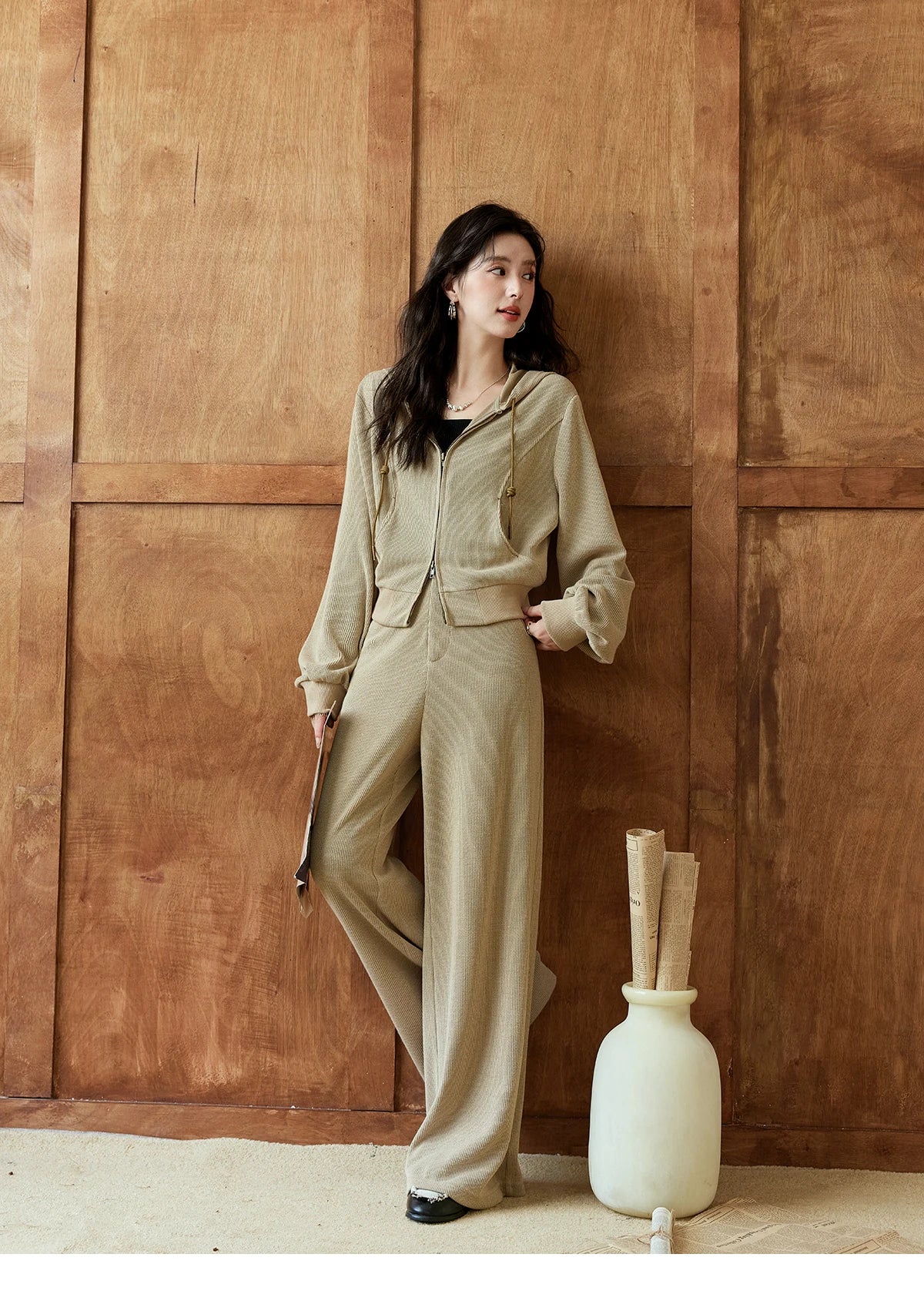 MISHOW Hooded Double Zipper Sweatshirt Knitted Straight Leg Pants Separately Versatile Top Back Elastic Waist Pants MXD44Z0794