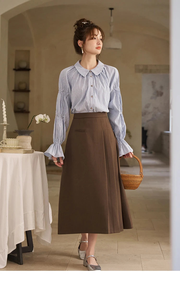 MISHOW Women's Blue Stripe Shirt 2024 Spring Fashion French Retro Bubble Sleeves Doll Neck Loose Tops Office Lady MXD12C0163