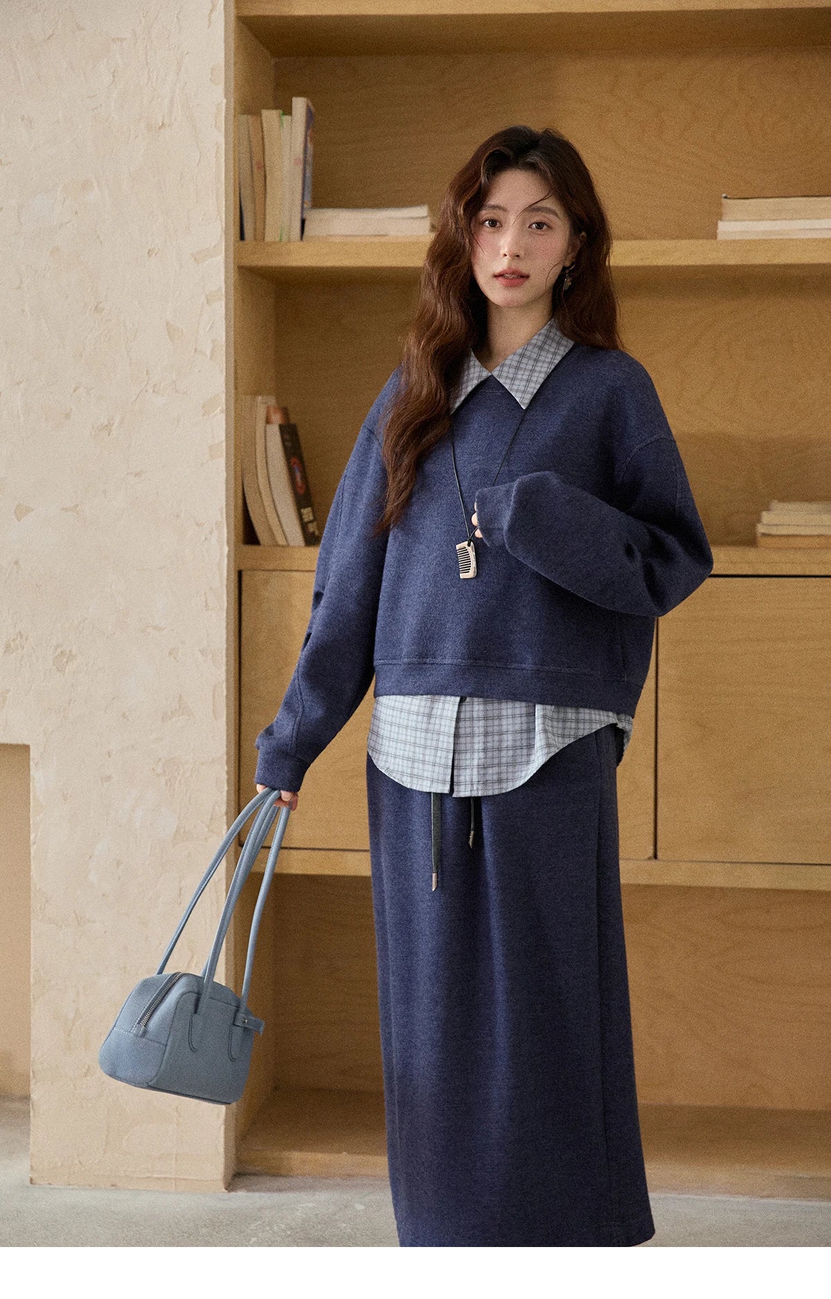 MISHOW Blue Plaid Sweatshirt Suit Women's 2025 Winter Fashion Turn-down Collar Knitted Top Straight Skirt Woman Sets MXE87T1445