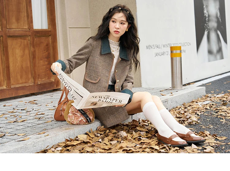 MISHOW Fashion Retro Plaid Coat Half pleated Skirt Separately 2024 Autumn Wool Jacket Retro Skirt Office Lady MXC47W0154