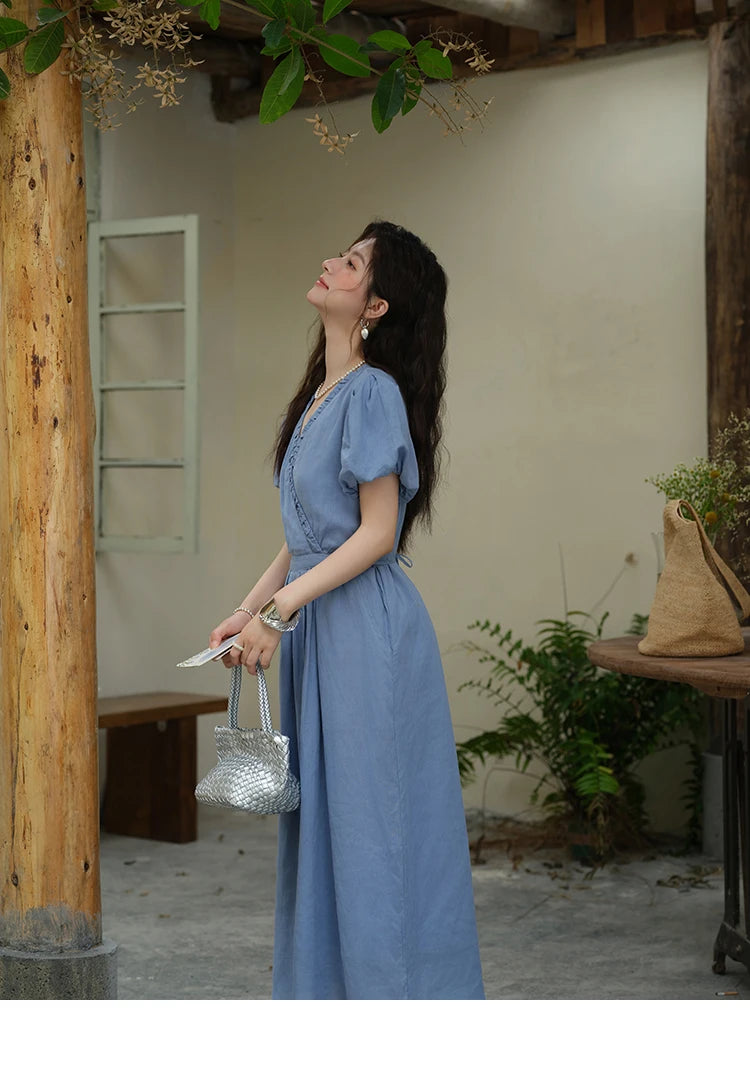MISHOW Summer Fashion V-neck Dress Woman 2025 New Puff Sleeve Sashes Elegant Pocket Vacation Dresses Ladies Clothing MXE39L2381